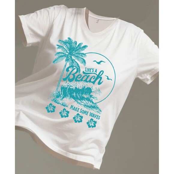 Life's a Beach T-shirt Women's Large White & Teal Summer Vacation Tee - Picture 1 of 4